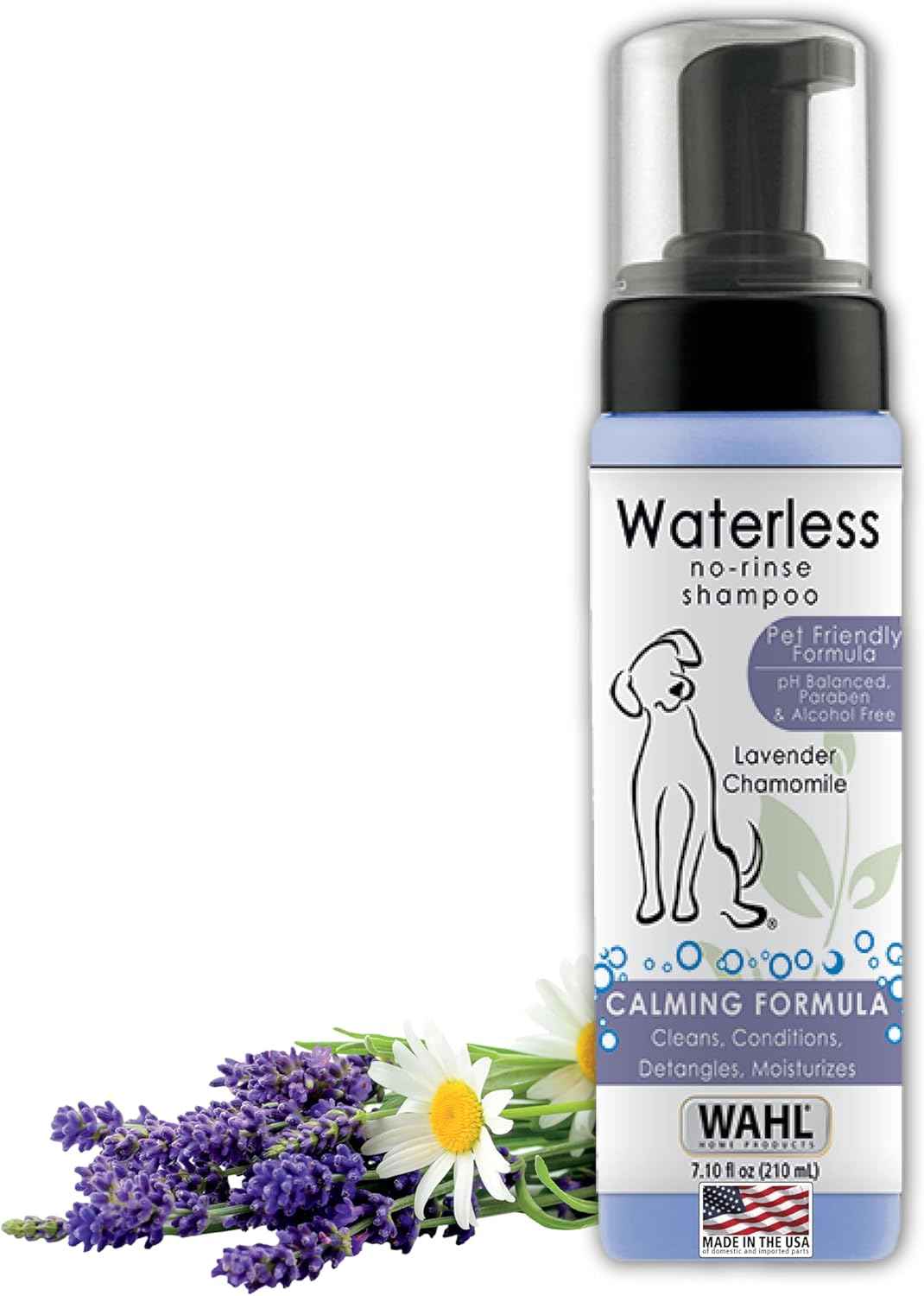 Wahl USA Pet Friendly Waterless No Rinse Shampoo for Animals – Lavender & Chamomile Scented - Cleaning, Conditioning, Detangling, & Moisturizing Shampoo for Dogs – 7.1 Oz - Model 820014A