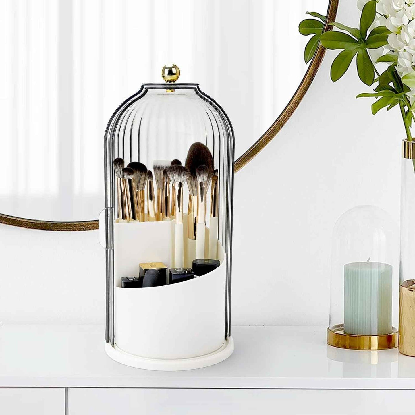 Toothbrush Holders with Sliding Lid, Rotating 3 Slots Bathroom Organizer Countertop, Tooth Brush Toothpaste Holder Bathroom Counter Stand Sink Organizer Caddy for Vanity Makeup Brushes Holder