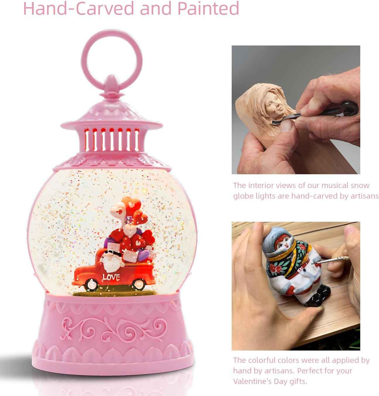 Valentine Day Red Truck Snow Globe Musical Decor,Valentines Day Couple Red Truck Light Up Snow Globe 6H Timer, USB/Battery Operated,Valentines Day Gifts for Her, Teacher, Girls