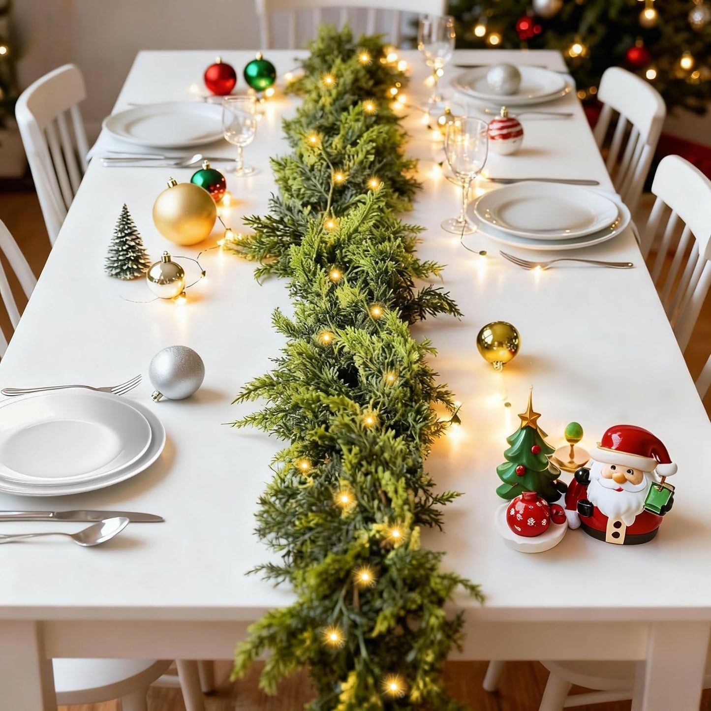 9FT Cedar Garland with Lights, Prelit Christmas Garland Artificial Realistic, Real Touch Pine Christmas Garland for Mantle Stairs Outdoor Decoration, Battery Operated Faux Greenery Garlands Thick Lush