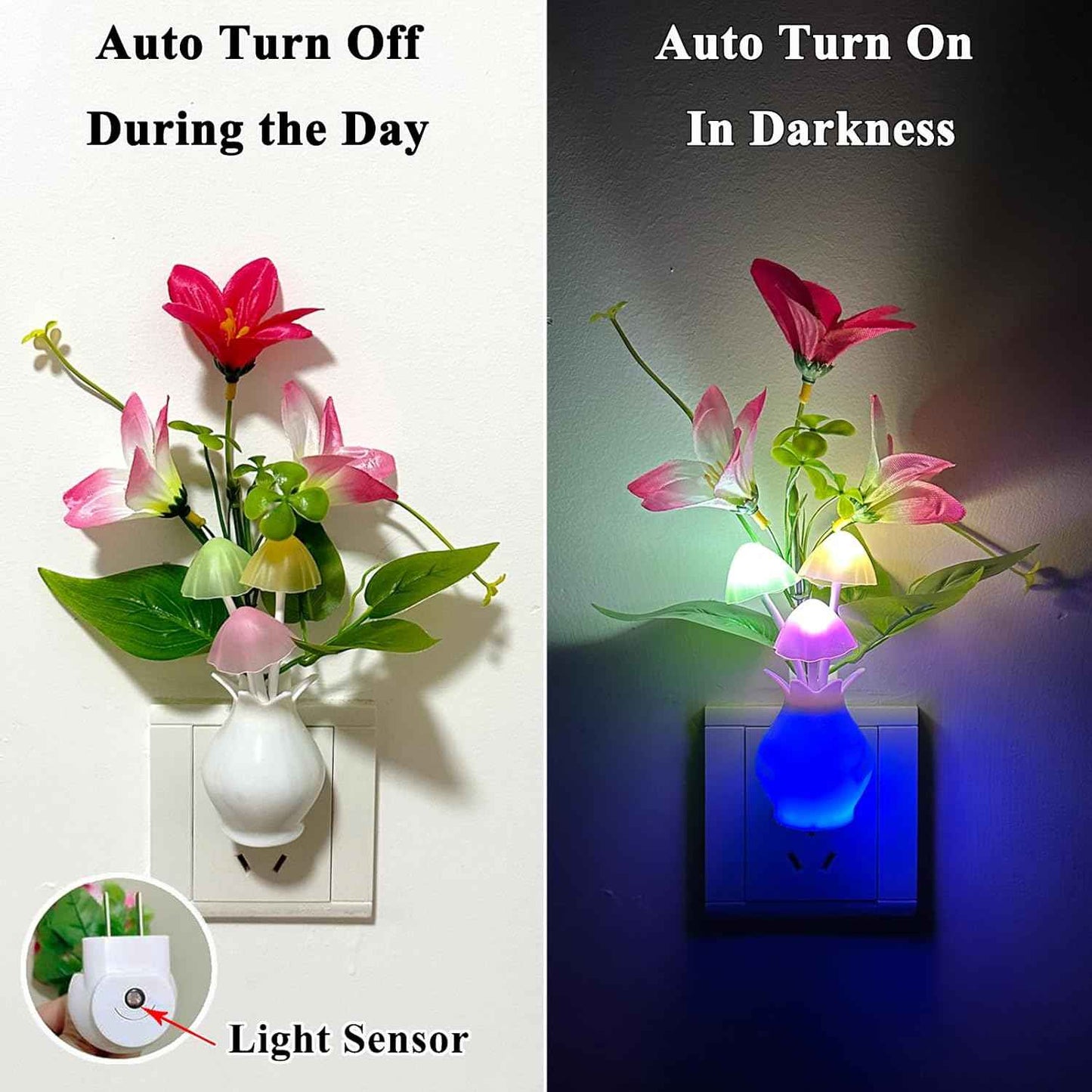 Plug-in Night Light with Auto Light Sensor, RGB LED Mushroom Night Light Wall Based Flower Lamp 1W Energy Efficient Nursery Nightlight for Kids Room, Bedroom, Nursery, Lounge, Hallway and Stairs | Nursery Nightlight, Auto Light Sensor, Energy Efficient, W
