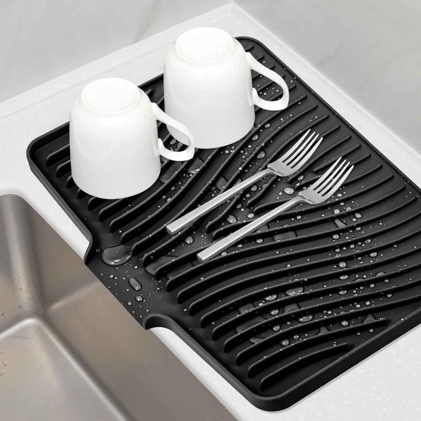 Silicone Dish Drying Mat for Kitchen Counter, Dish Drying Pad, Non-Slip Drain Pad with Built-in Drain, Heat Resistant Stone Drying Mat(15.8" x 13", Grey)