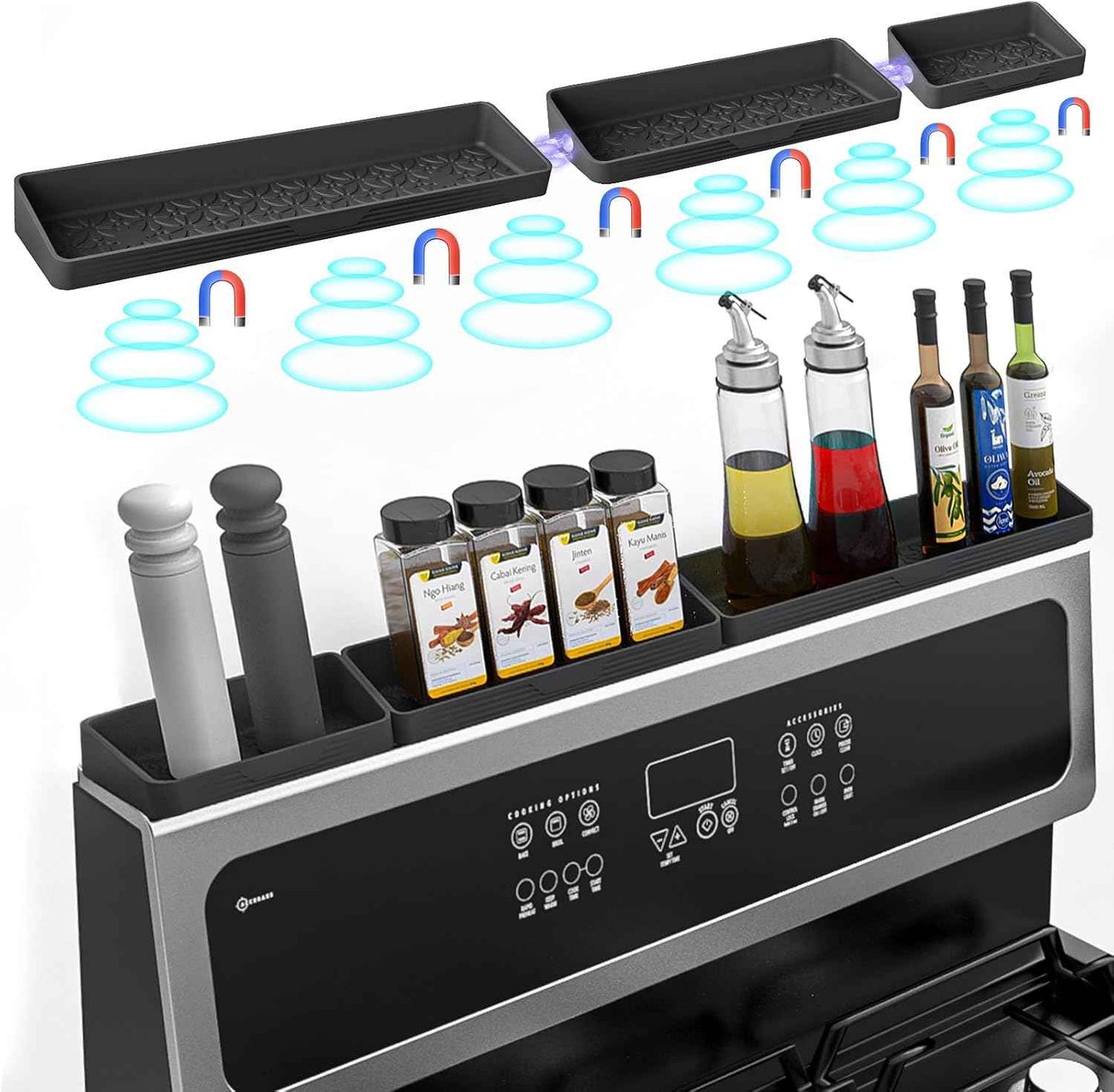 30 Inch Silicone Stove Top Shelf Magnetic for Kitchen Gadgets, Soft Flexible Strong Magnetic Heat Resistant Spice Rack Kitchen Organizer for Over Stove