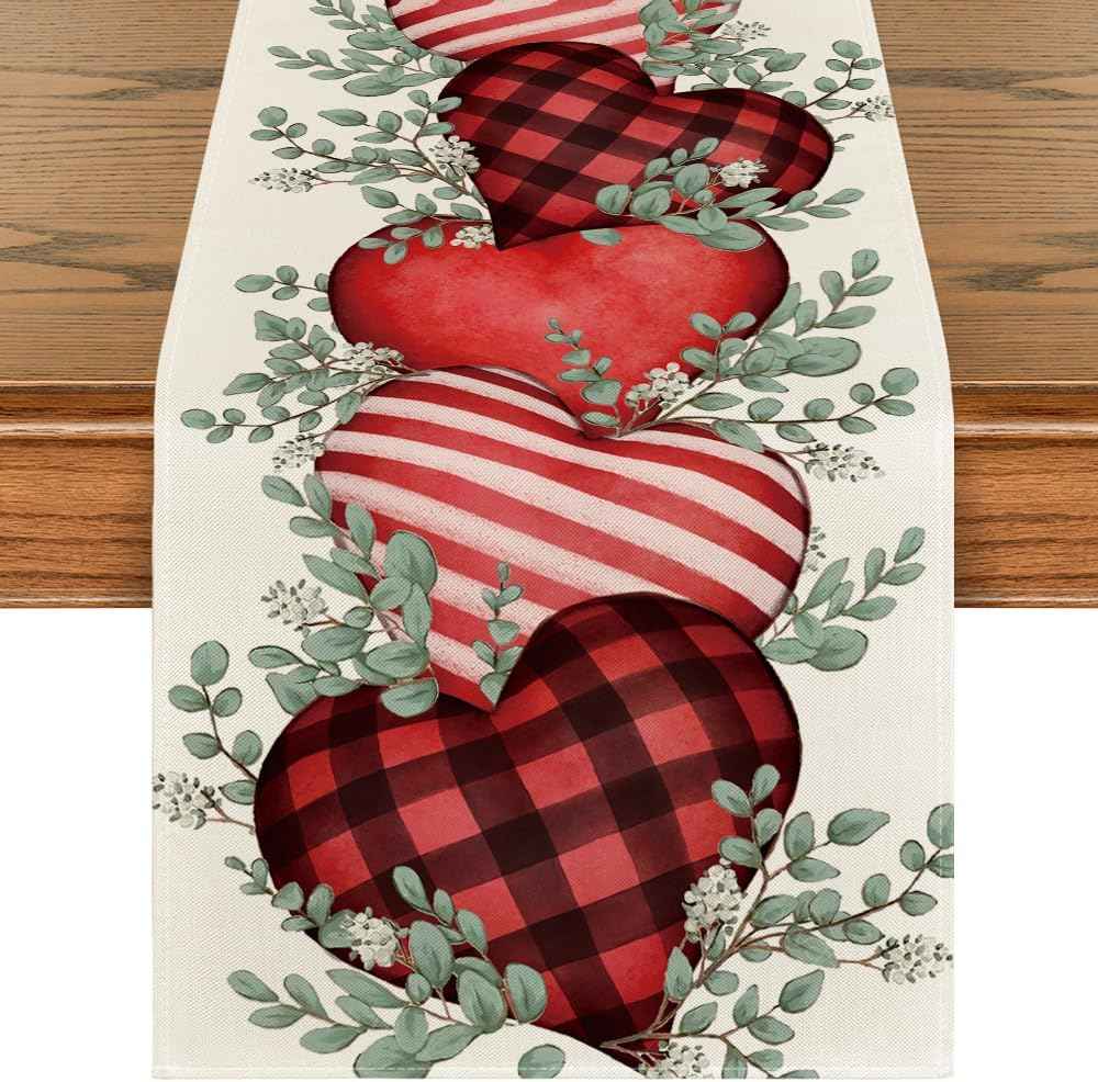 Artoid Mode Eucalyptus Hearts Valentine's Day Table Runner, Holiday Kitchen Dining Table Decoration for Home Party Indoor 13x72 Inch
