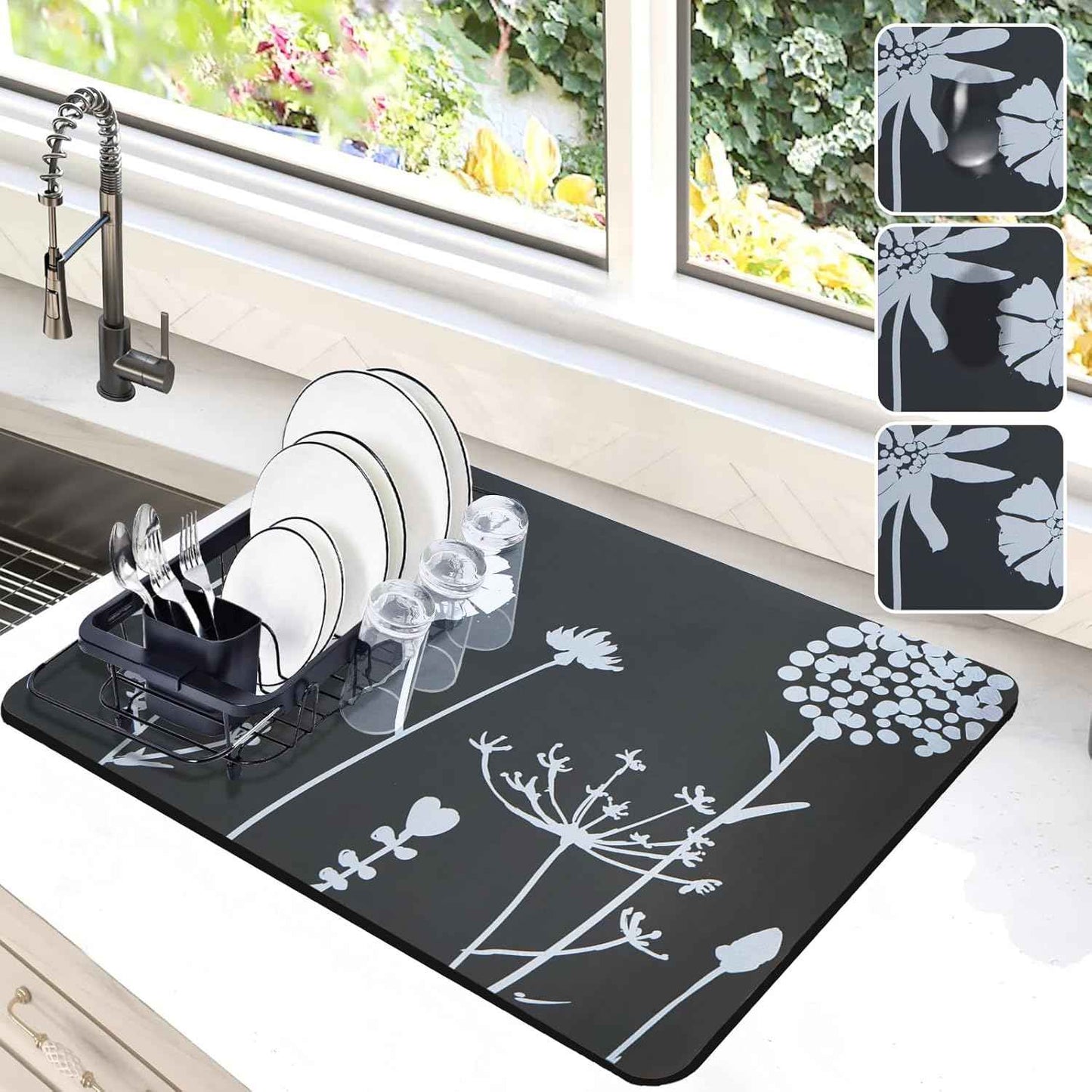 Dish Drying Mat for Kitchen Counter, 12"x19" Dish Drying Pad with Non-slip Rubber Backed, Hide Stain Anti Absorbent for Kitchen Counter, Drying Mat for Coffee Machine Dish Rack (Grey)