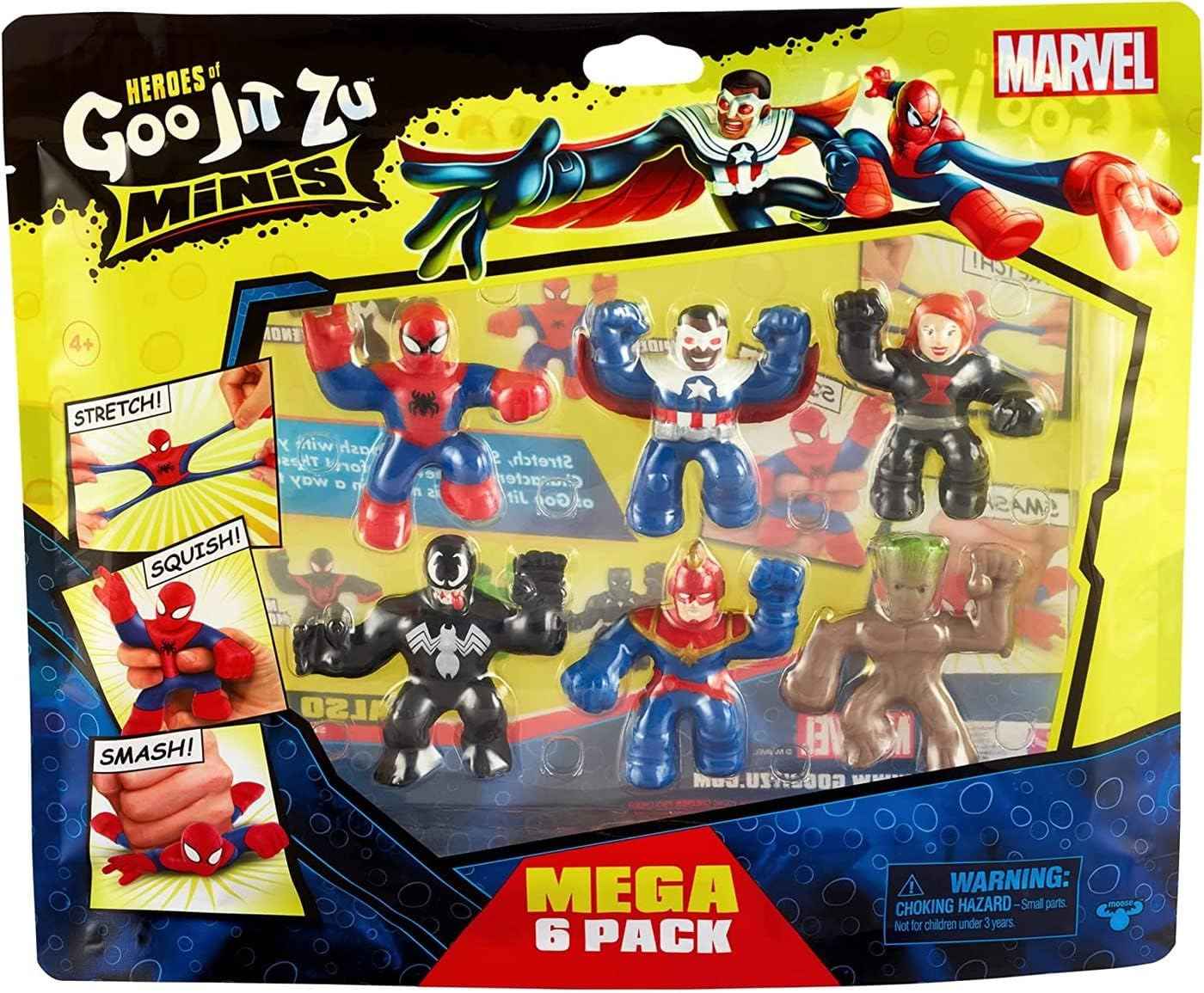 Heroes of Goo Jit Zu Marvel Mega Mini 6 Pack - Squishy, Stretchy, Gooey Mini Heroes - Ironman, Spider-Man, Captain America, Miles Morales, Hulk and Black Panther
