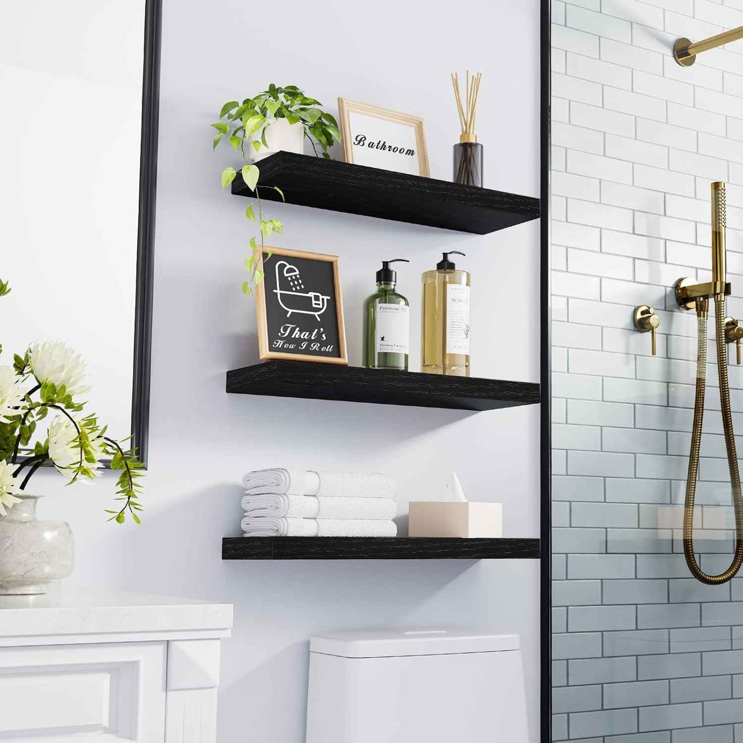 BAYKA Floating Shelves for Wall, Wall Mounted Rustic Wood Shelves for Bathroom, Bedroom, Living Room, Kitchen, Hanging Shelf for Books/Storage/Room Decor with 22lbs Capacity (Black, Set of 3, 15.7in)