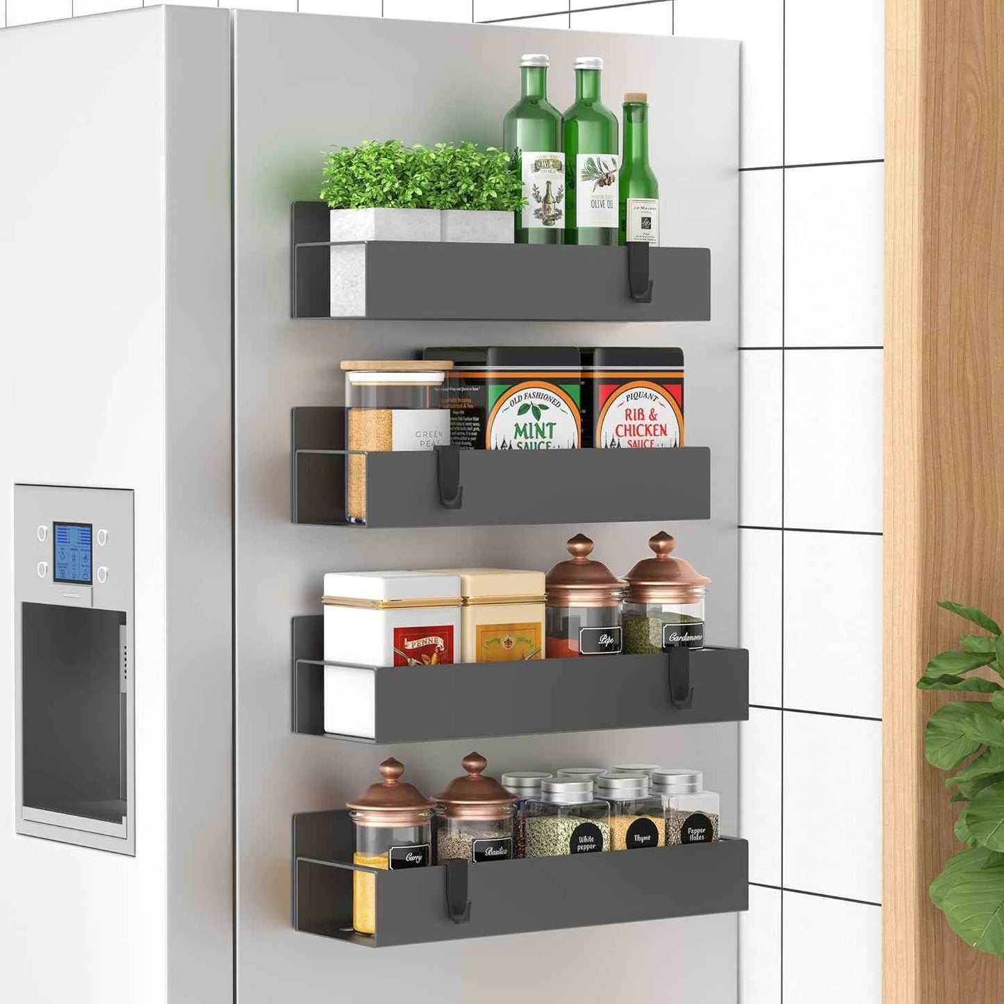 Metal 4 Pack Magnetic Spice Storage Rack Organizer for Refrigerator and Oven, Black Fridge Organizers and Storage