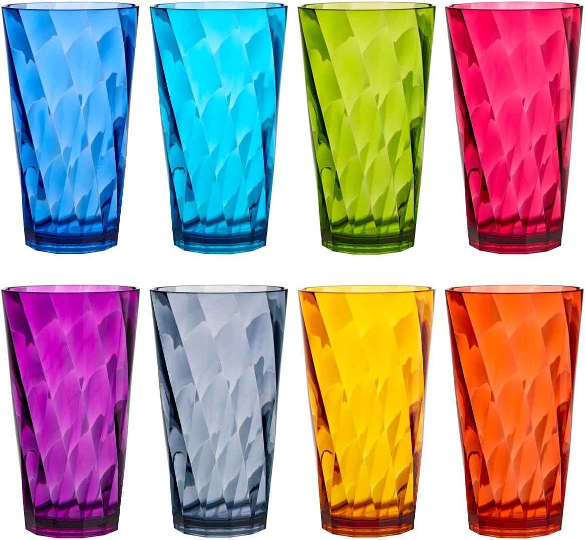US Acrylic Optix Plastic Reusable Drinking Glasses (Set of 8) 20oz Water Cups in Jewel Tone Colors | BPA-Free Tumblers, Made in USA | Top-Rack Dishwasher Safe