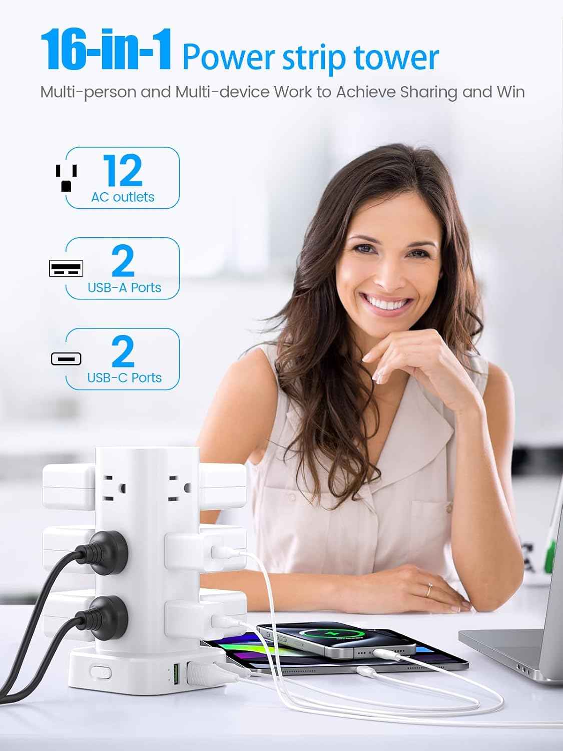 Tower Power Strips with Surge Protection, 6FT Flat Extension Cord with Multiple Outlets, 12 AC 4 USB Ports, Overload Protection Charging Station for Office Home Dorm Room Travel (White)
