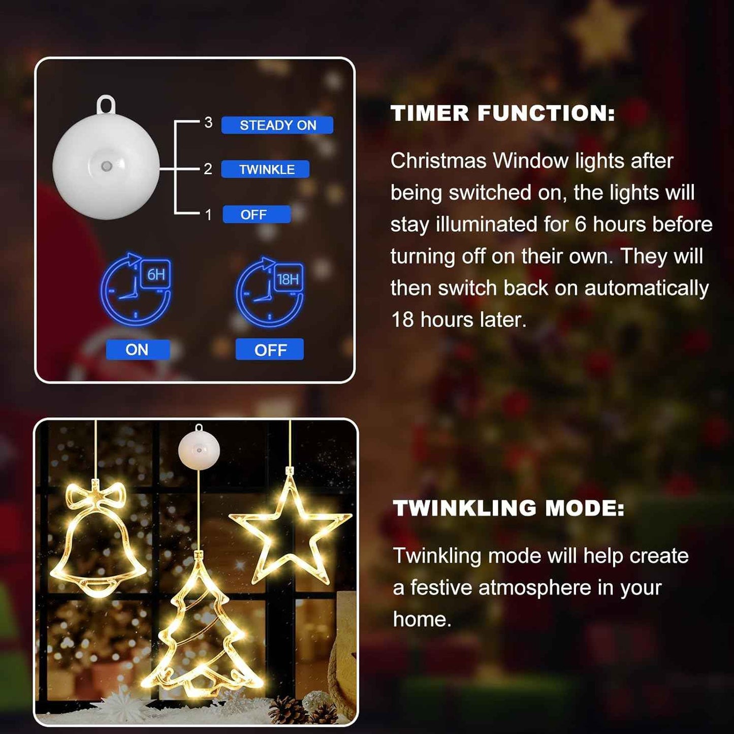 3Pack Christmas Window Lights Decorations with Timer, Battery Powered Hanging Warm White Lighted Tree Bell Star Shaped LED Sucker for Xmas Tree Fireplace Indoor Decor