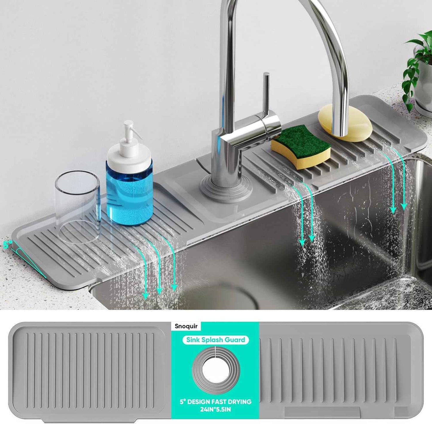 24 Inch Longer Faucet Mat for Kitchen Sink, 5° Slope Fast Self-draining, Kitchen Sink Splash Guard Silicone Sink Faucet Mat Splash Guard Kitchen Sink Area Tidy Splash Faucet Guard Draining Mat