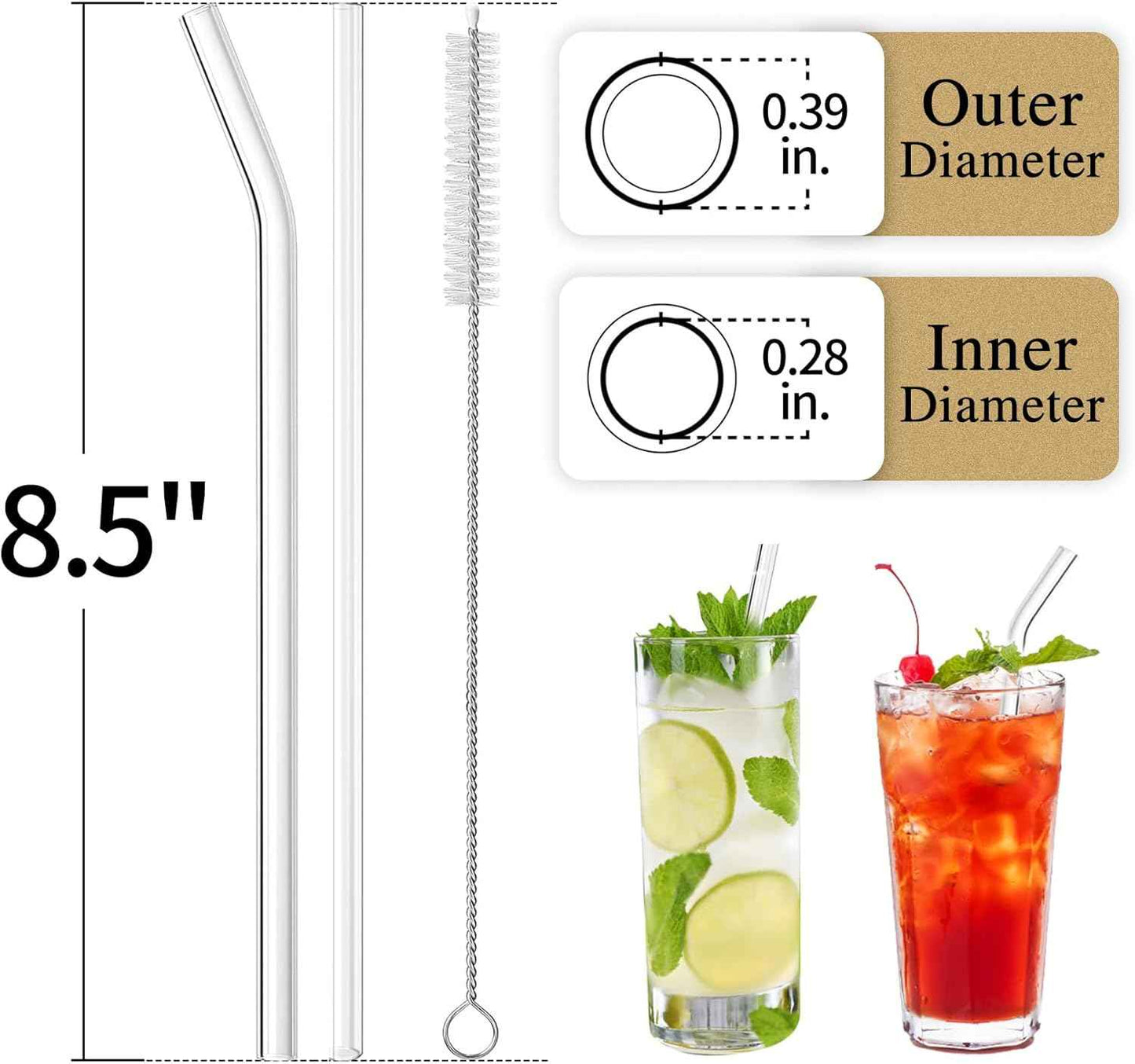 Piteno 16-Pack Reusable Clear Glass Straws Set with 4 Brushes, 8.5''x10MM, Straight and Bent for Smoothies, Juice, Tea