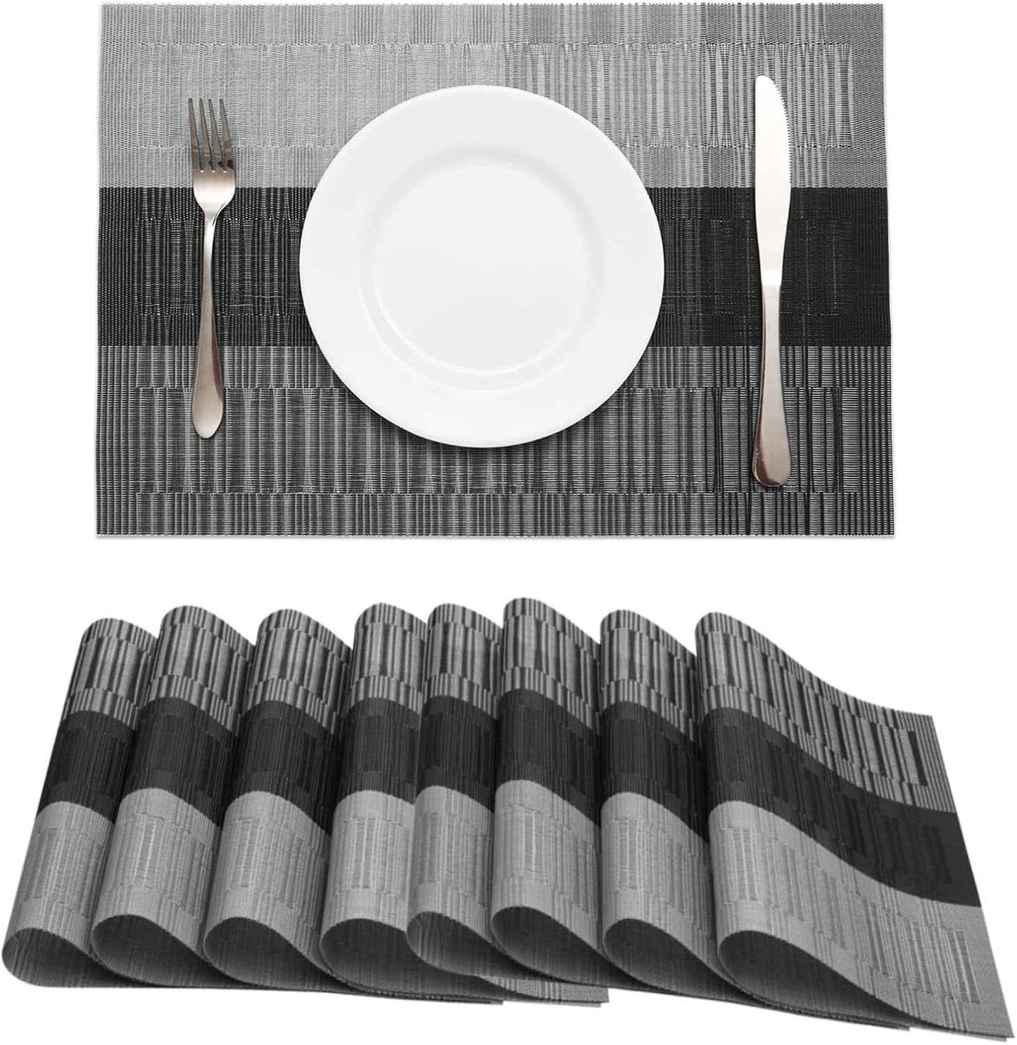 HeloHo Black Placemats Set of 4 Heat-Resistant Washable Place Mats Non-Slip Vinyl Woven Table Mats Wipeable Placemat for Kitchen Dining Table Decoration Indoor Outdoor