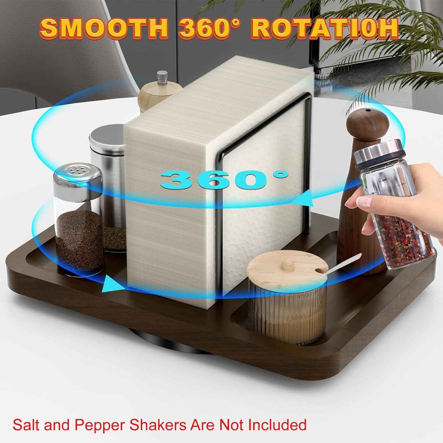 Napkin Holder for Table, Rotating Metal Napkin Dispenser with Salt and Pepper Shakers Caddy Standing Paper Towel Holder for Bathroom Kitchen Dining Table Decor Not Including Shakers