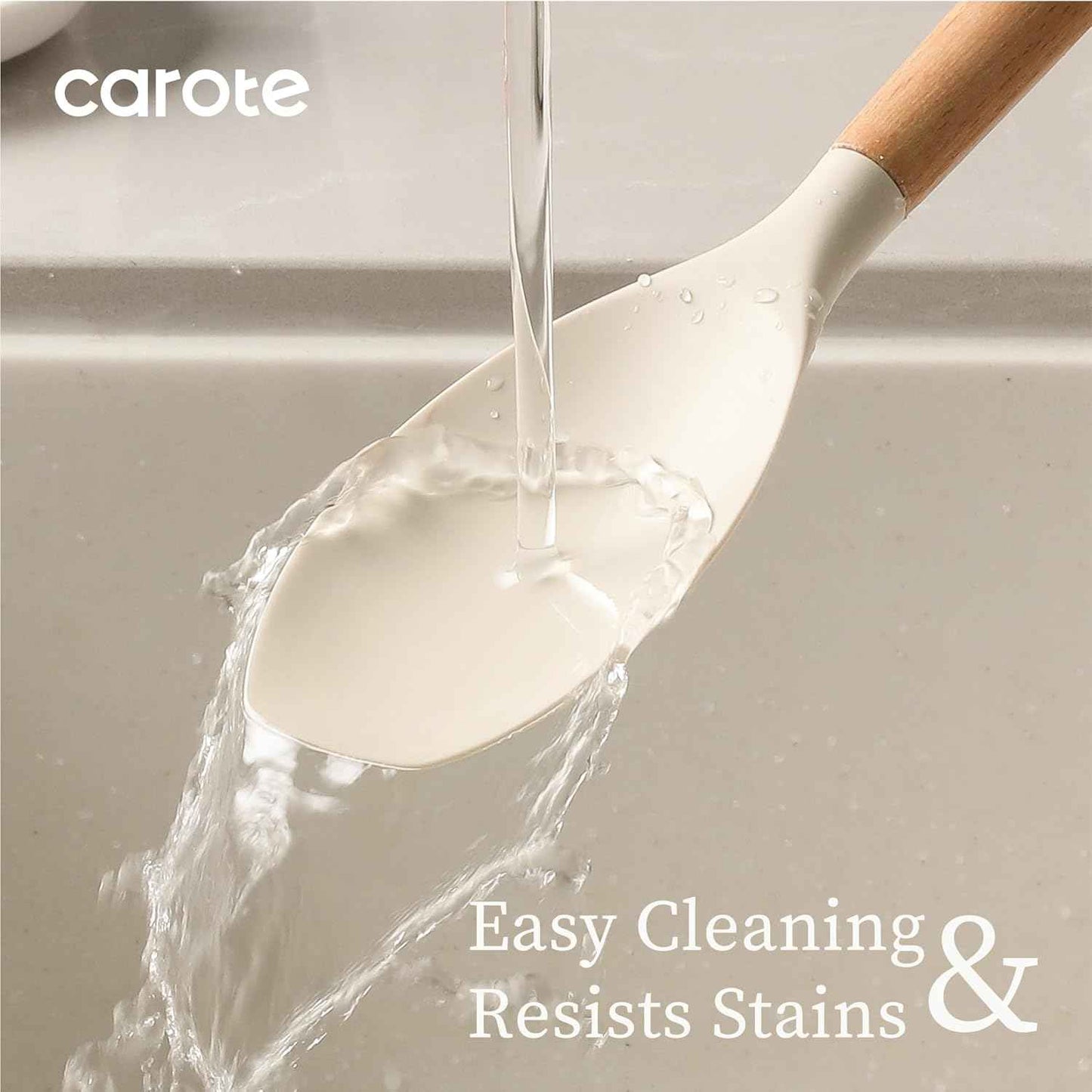 CAROTE Silicone Cooking Utensils Set, Kitchen Utensils Set 10 Pcs for cooking, BPA Free Spatula Set with Heat Resistant Wood Handles for Nonstick Cookware (Cream White)