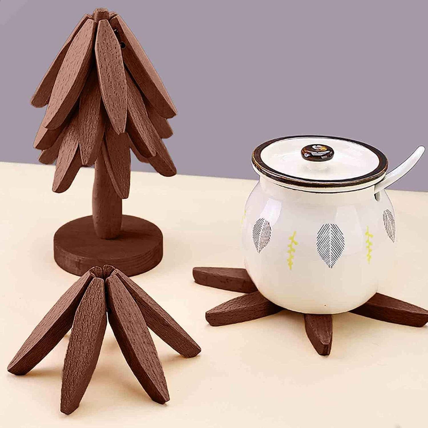Wooden Cup Coaster Set,Tree Shape Trivet Set,Tree Coasters- 4 Wooden Trivets + 1 Stand stored for hot Dish/Pot/Bowl/teapot/hot Pot Set (Brown)