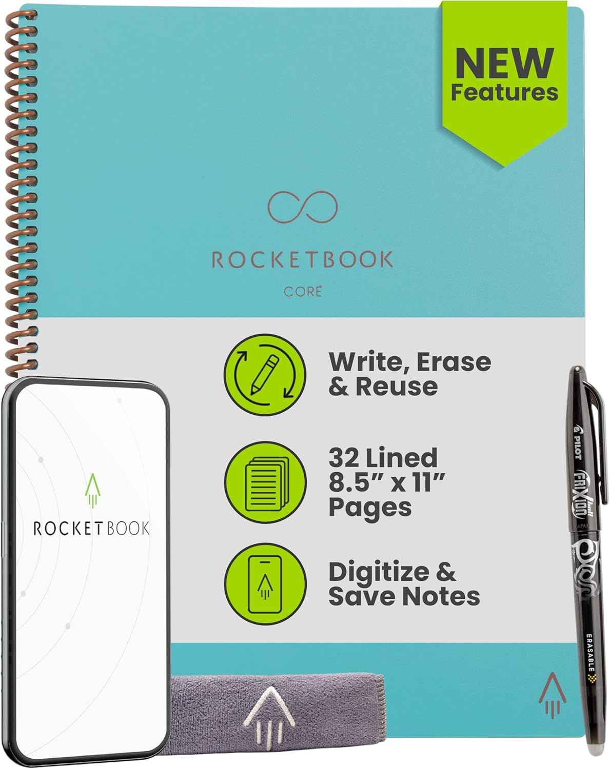 Rocketbook Core Reusable Smart Notebook, Lined Pages For School, Work and Creative Projects, Letter Size 8.5x11, Black - Premium