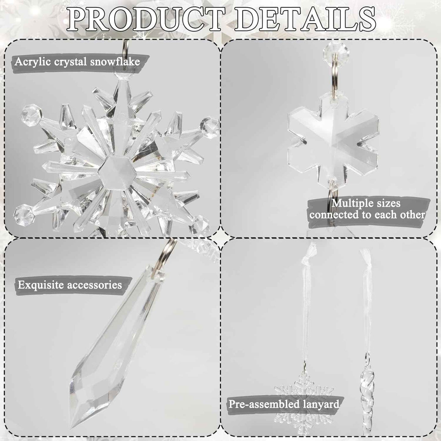 18pcs Crystal Christmas Ornaments for Tree Decorations-Hanging Acrylic Snowflake Icicle Ornaments with Drop Pendants for Winter Wonderland Chandelier Crystals Decorations Supplies