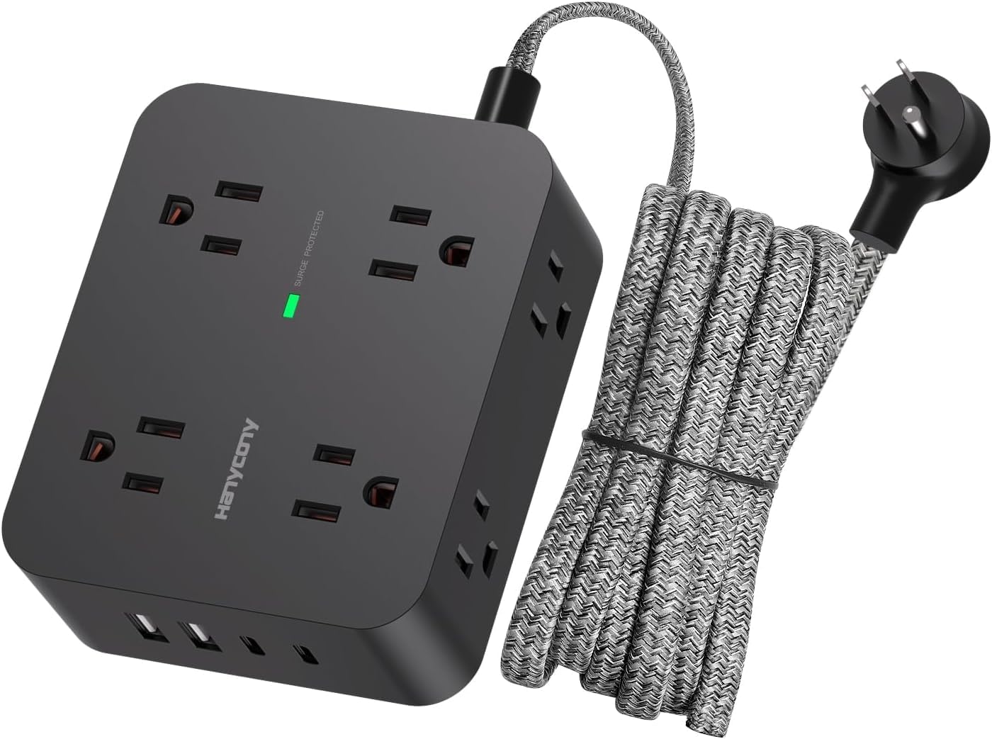 HANYCONY Surge Protector Power Strip – 8 Outlets with 4 USB Ports (2 USB-C), 5Ft Braided Extension Cord, Flat Plug Multi Outlet for Home & Office