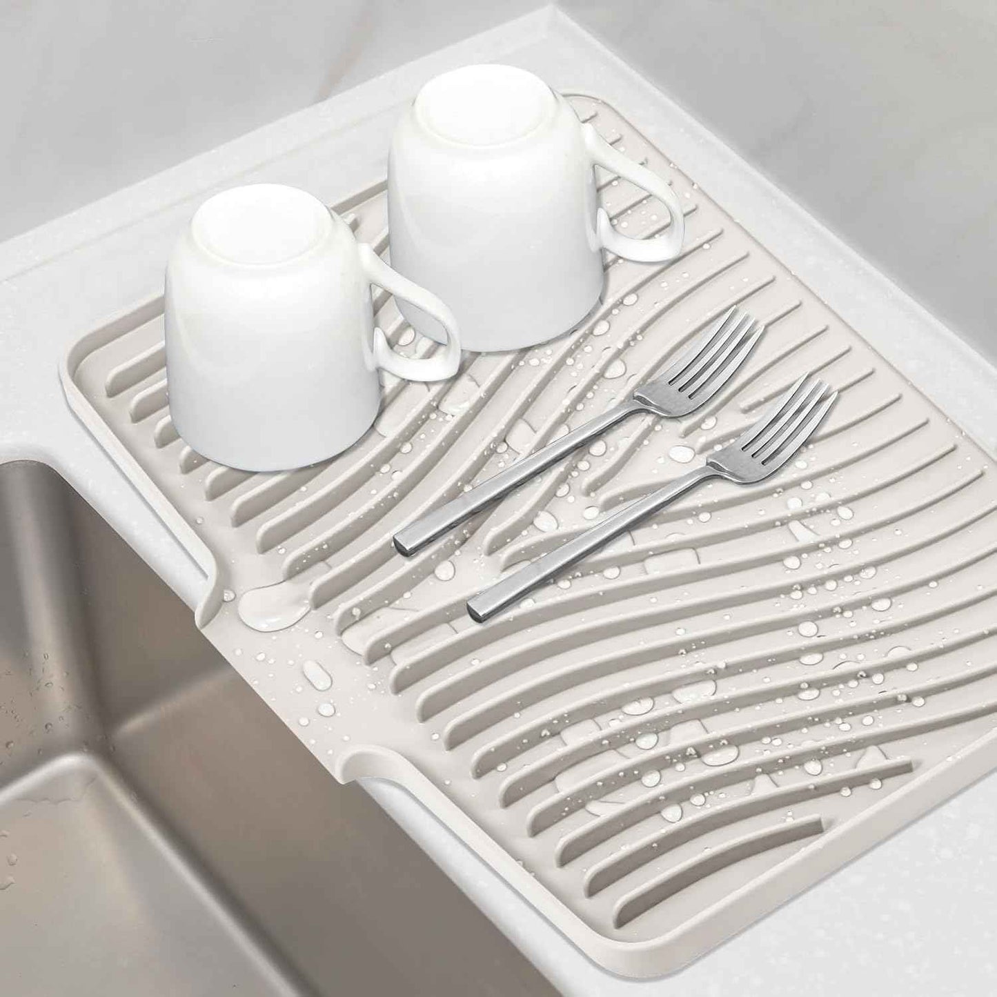 Silicone Dish Drying Mat for Kitchen Counter, Dish Drying Pad, Non-Slip Drain Pad with Built-in Drain, Heat Resistant Stone Drying Mat(15.8" x 13", Grey)