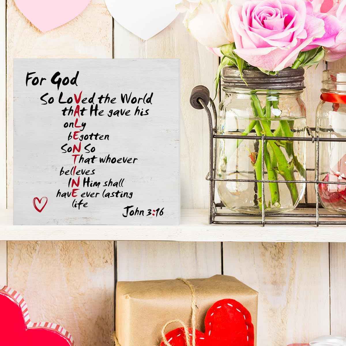 Christian Valentines Decor, Rustic John 3:16 Bible Verse Scriptures Wooden Sign Home Tabletop Shelf Desk Decoration Valentines Day Decor
