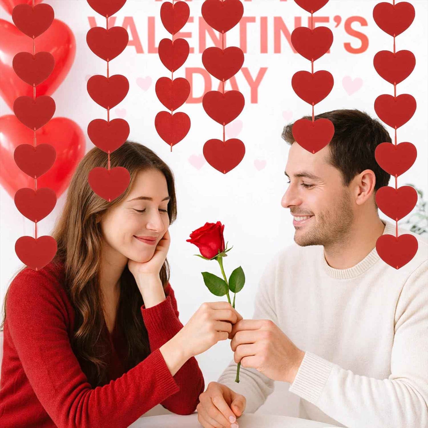Valentines Day Decorations, 80Pcs Felt Red Heart Valentines Day Garland Banner Hanging for Wall, Party - Pre-Strung Valentines Galentines Wedding Hearts Decorations Streamers Decor