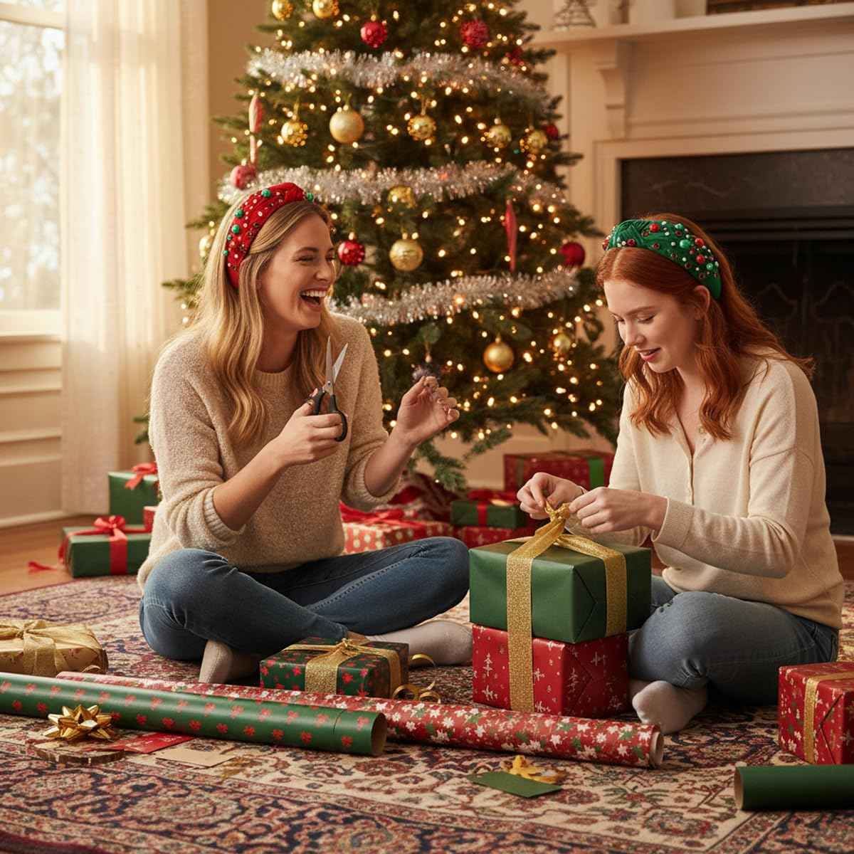 2Pcs Christmas Headbands for Women - Red Green Pearl Rhinestone Crystal Jeweled Christmas Headband - Womens Headbands Fashion Elegant Wide Top Knot for Women Holiday Clothes Accessories(Red Green)