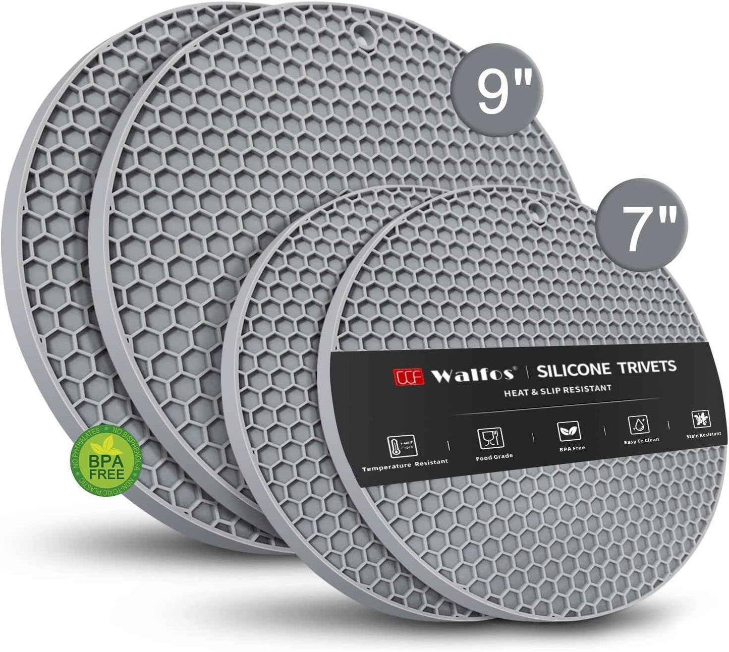 Walfos Silicone Trivet Mats - 4 Heat Resistant Pot Holders, Multipurpose Non-Slip Hot Pads for Kitchen Potholders, Hot Dishers, Jar Opener, Spoon Holder, Food Grade Silicone & BPA Free (Black)