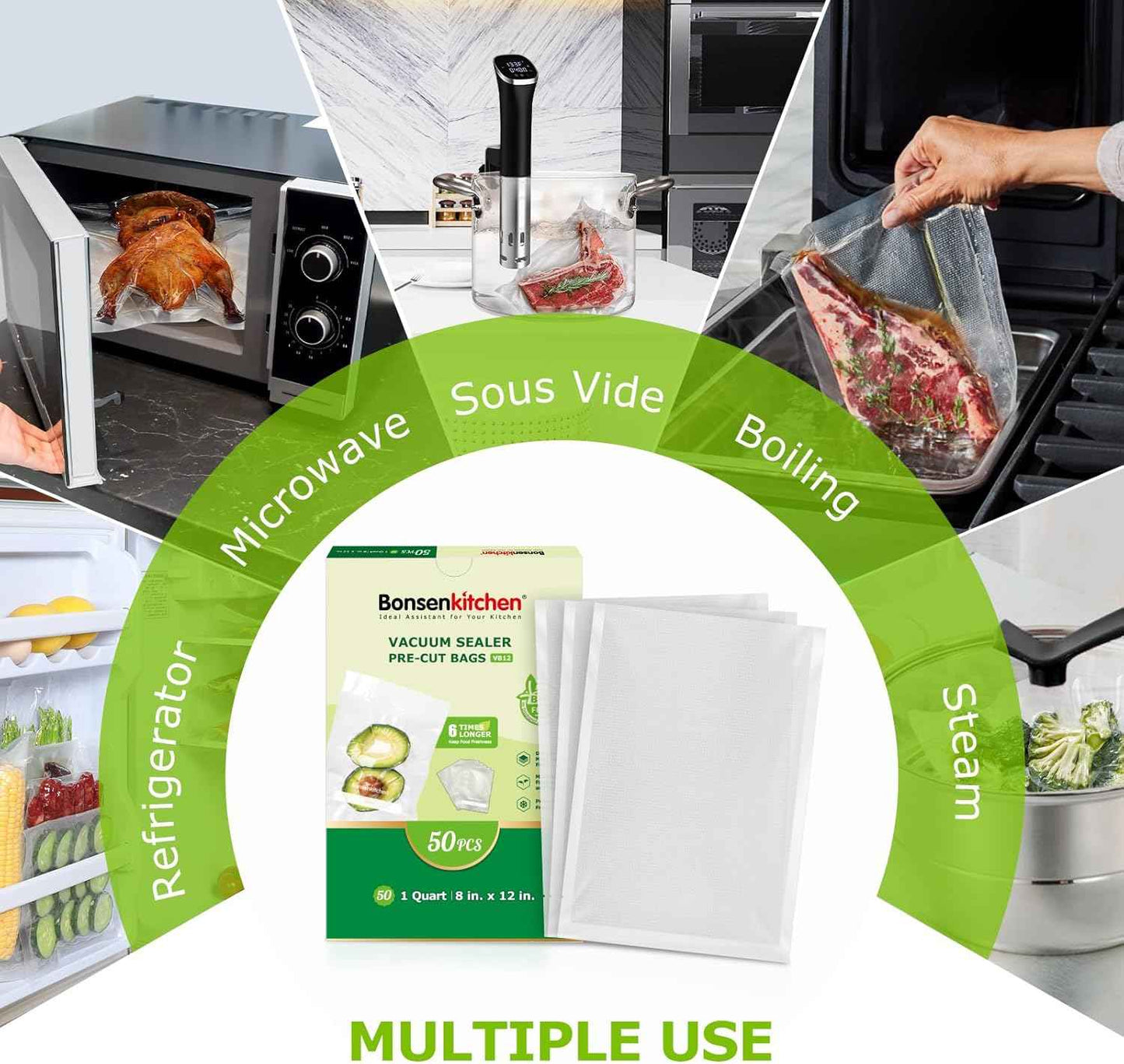 Bonsenkitchen Vacuum Sealer Bags, 50 Quart 8" x 12" Precut Food Sealer Bags, Commercial Grade, BPA Free, Heavy Duty, Customized Size Vacuum Bags for Vac Storage, Meal Prep or Sous Vide Cooking, VB12