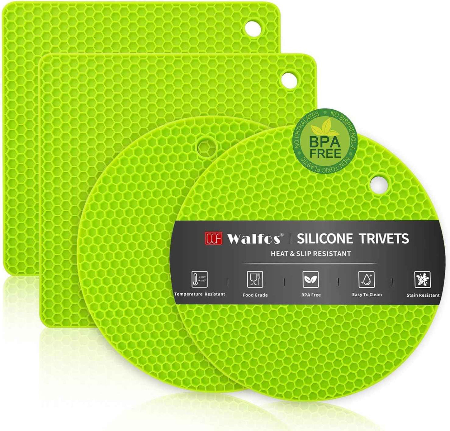 Walfos Silicone Trivet Mats - 4 Heat Resistant Pot Holders, Multipurpose Non-Slip Hot Pads for Kitchen Potholders, Hot Dishers, Jar Opener, Spoon Holder, Food Grade Silicone & BPA Free (Black)