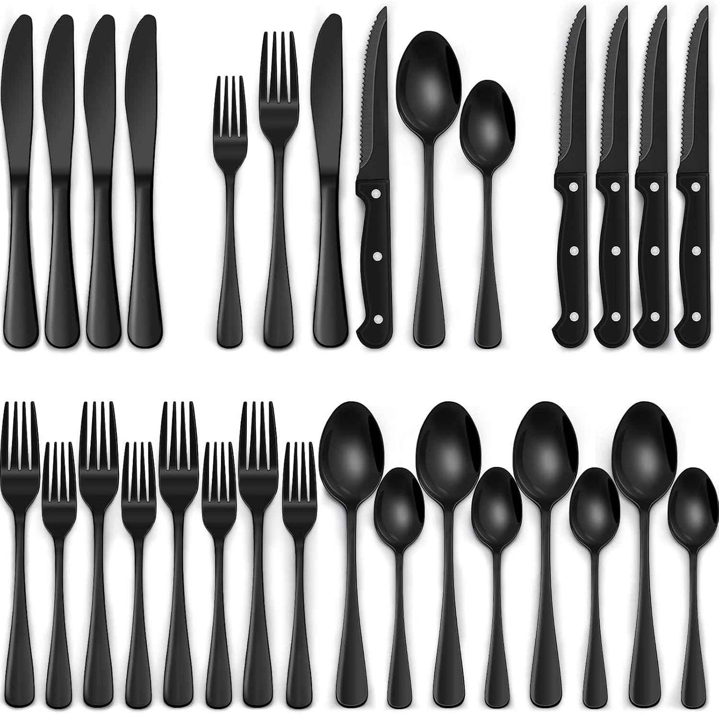EWFEN 24-Piece Black Silverware Set with Steak Knives, Flatware for 4, Food-Grade Stainless Steel Tableware Cutlery Set, Mirror Finished Utensil Sets Home Restaurant