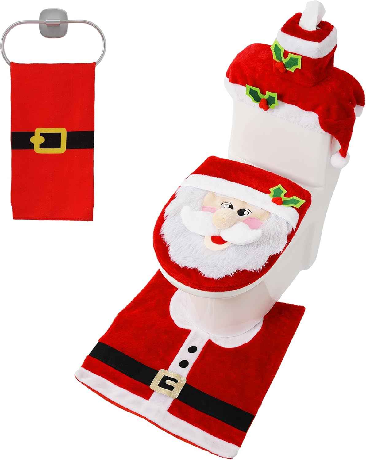 JOYIN 5 Pieces Christmas Theme Bathroom Decoration Set w/Toilet Seat Cover, Rugs, Tank Cover, Toilet Paper Box Cover and Santa Towel for Xmas Indoor DΓ©cor, Party Favors (Santa)