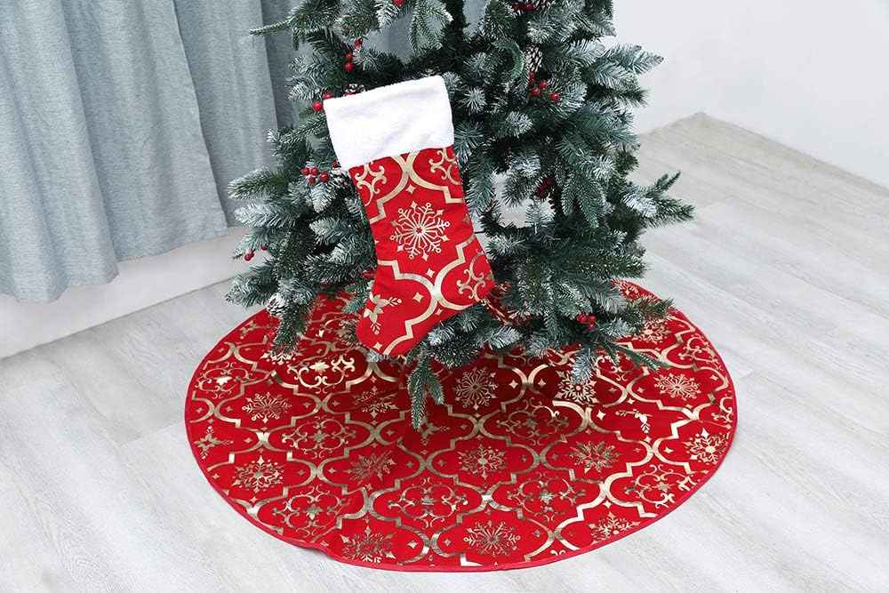 Flash World 48 Inch Large Christmas Tree Skirt Xmas Soft Cover Mat Decor Snowflake Collar Farmhouse Tree Skirt for Holiday Ornaments Party Home Indoor Decorations (Red, 48INCH)