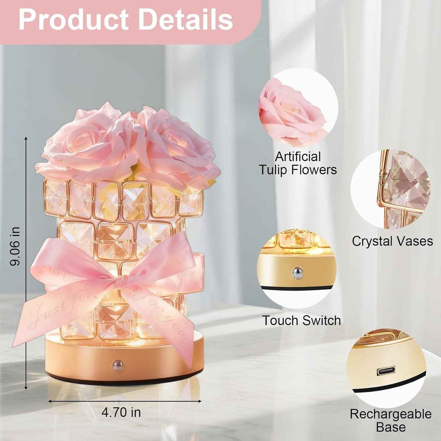 Christmas Gifts for Woman, Touch Crystal Rose Lamp, Elegant Flower Lamps, Pink Roses Crystal Lights Base, Rose Nightlight, Gifts for Her, Mom, Wife, Girlfriend, Valentines, Birthday Gifts