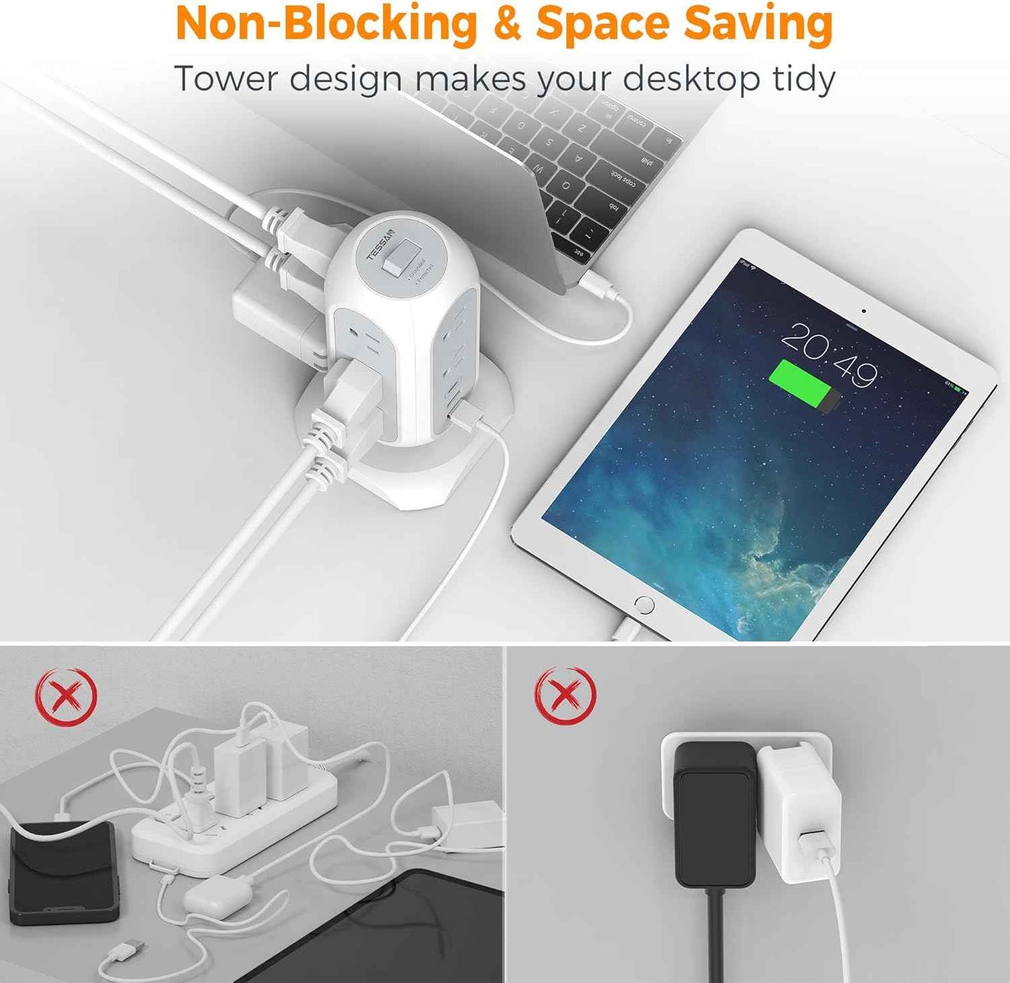 Tower Power Strip Flat Plug with 11 Outlets 3 USB (1 USB C), TESSAN Surge Protector Tower 1625W/13A,1050J Protection, 6 Feet Extension Cord with Multiple Outlets, Office Desk Supplies, Dorm Essentials