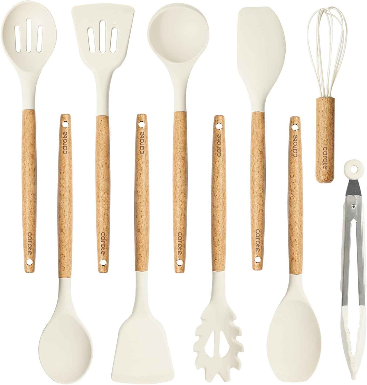 CAROTE Silicone Cooking Utensils Set, Kitchen Utensils Set 10 Pcs for cooking, BPA Free Spatula Set with Heat Resistant Wood Handles for Nonstick Cookware (Cream White)