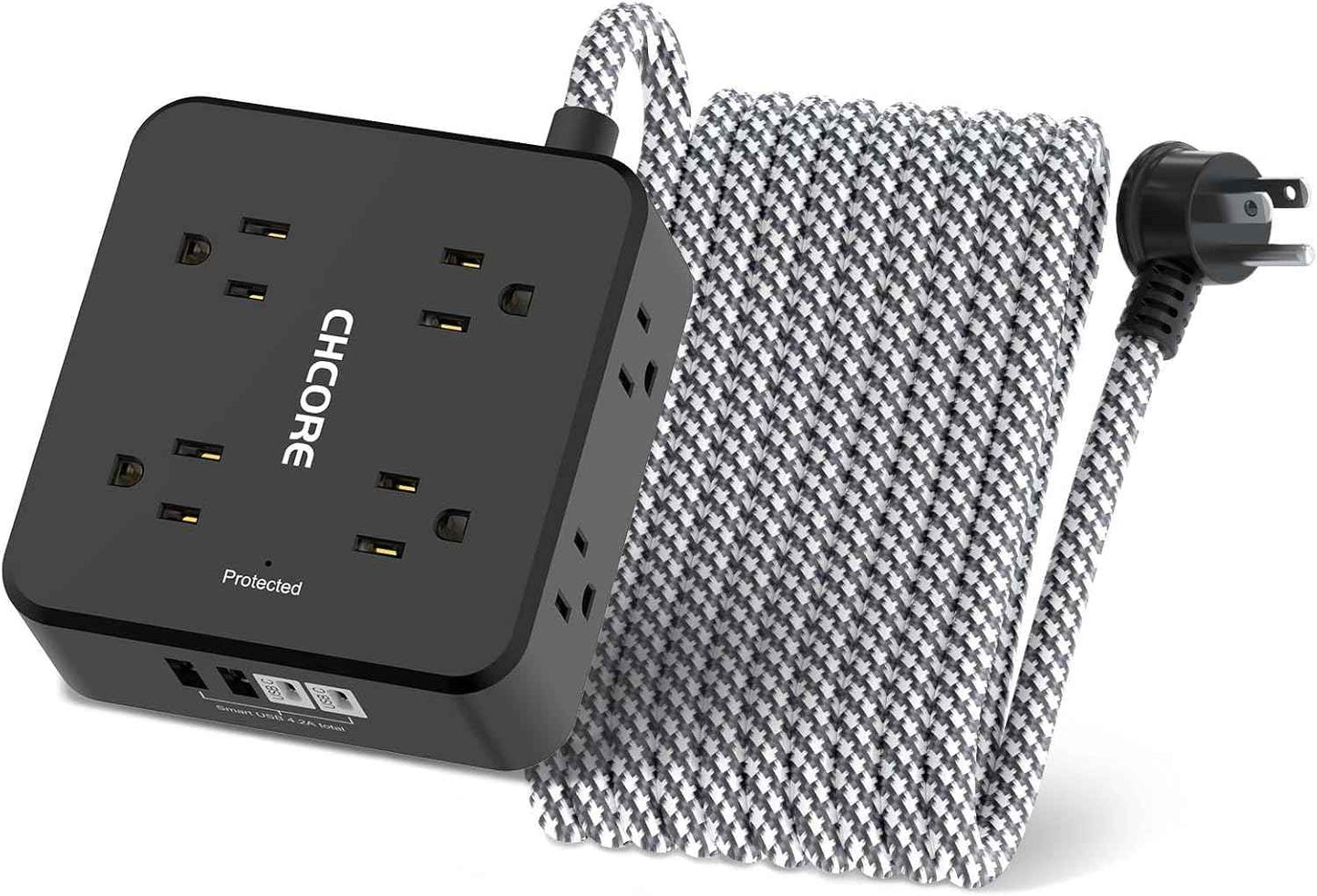 Surge Protector Power Strip - CHCORE 5Ft Braided Extension Cord with 8 Outlets with 4 USB (2 USB C) Charging Ports, Flat Plug Multi Plug Outlet Extender Charging Station for Home Office, ETL, White