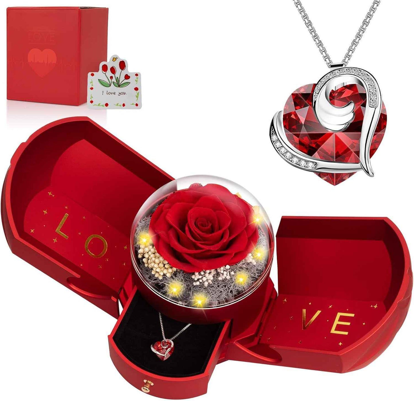 Preserved Real Red Rose with Necklace Forever Flowers Rose Valentines Day Gifts for Her Wife Girlfriend Women Mom Grandma on Valentines Mothers Day Sweetest Day Christmas Anniversary Romantic-Red