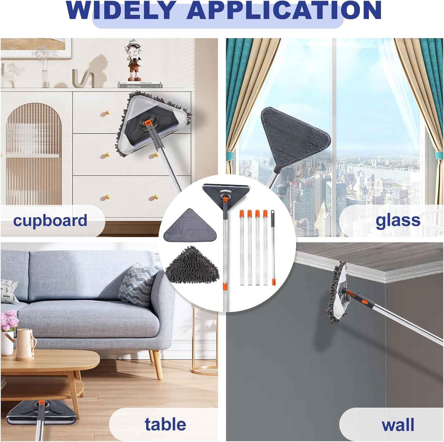 Wall Cleaner Mop with 79 Inches Long Handle, 360° Wall Washer Cleaner Tool for Walls/Ceiling Fans/Dust/Baseboard/Floors Clean, Ceiling Cleaner Tool Duster with Squeegee 6 Replacement Pads