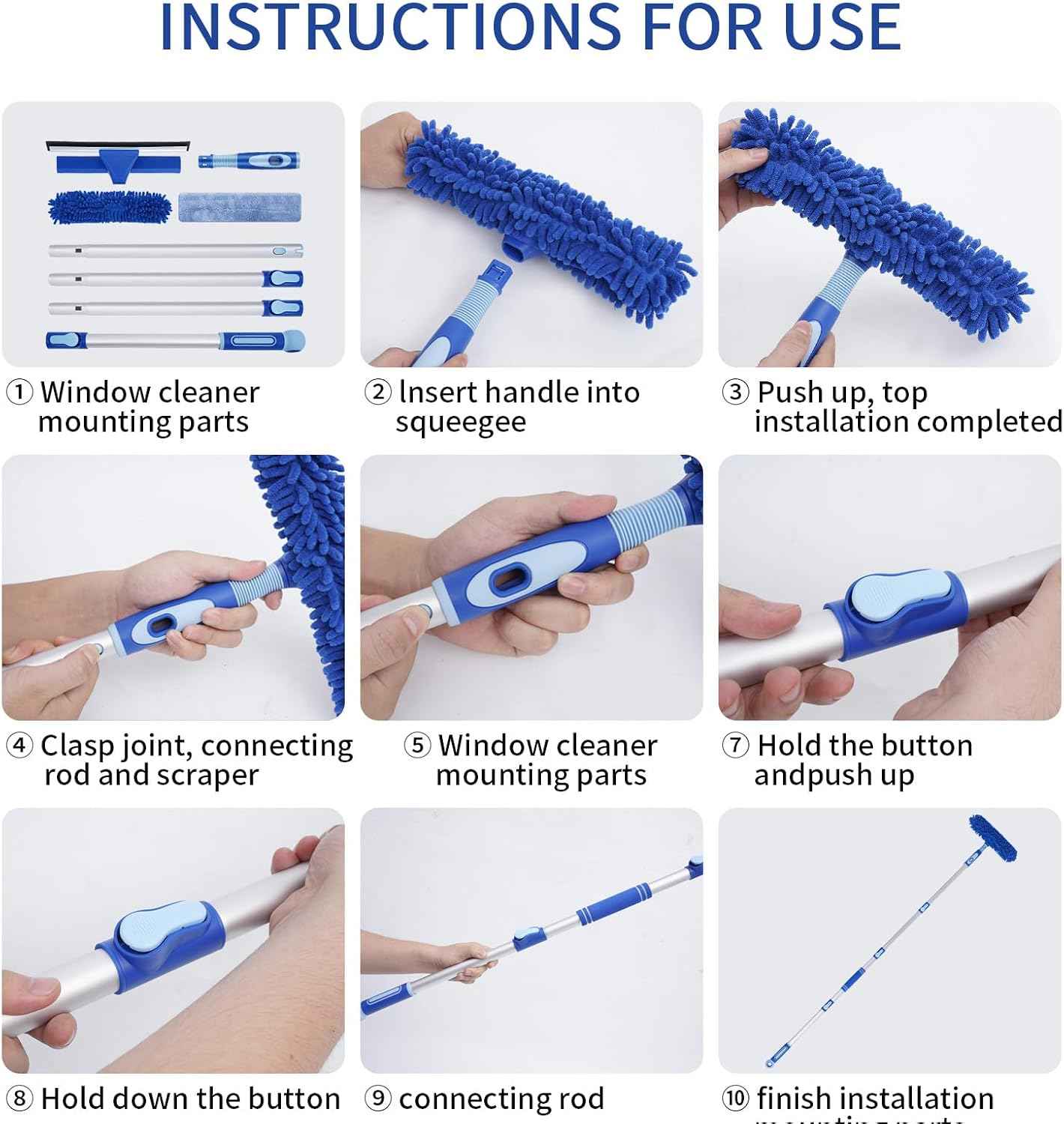 LOMIDA Professional Window Squeegee Kit - 62" Lightweight Aluminum Pole, 2 in 1 Rotatable Window Cleaning Tool Kit with Extension Pole Cleaning with Bendable Head for Car/Shower/High Windows