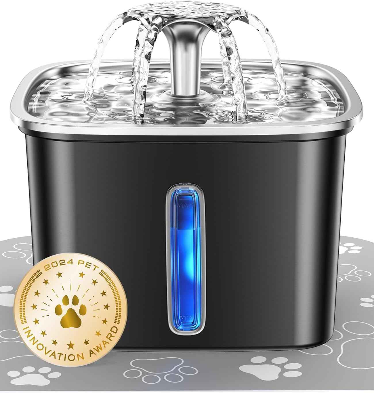 Veken Innovation Award Winner Stainless Steel Cat Water Fountain, 95oz/2.8L Automatic Pet Fountain Dog Water Dispenser with Replacement Filters & Silicone Mat for Cats, Dogs, Multiple Pets (Silver)