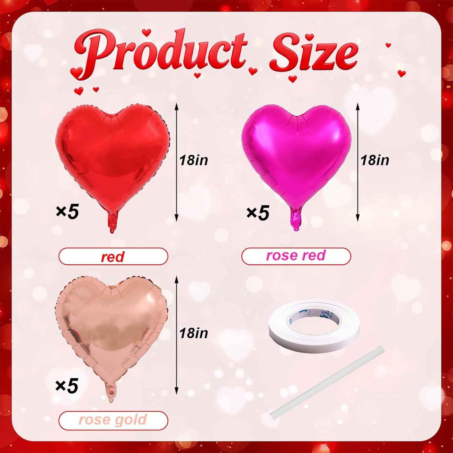 15 Pcs Red Heart Shaped Balloons, 18 Inch Hot Pink Valentines Balloons Rose Gold Foil Heart Balloon for Birthday Bridal Shower Engagement Wedding Valentine Party Decorations