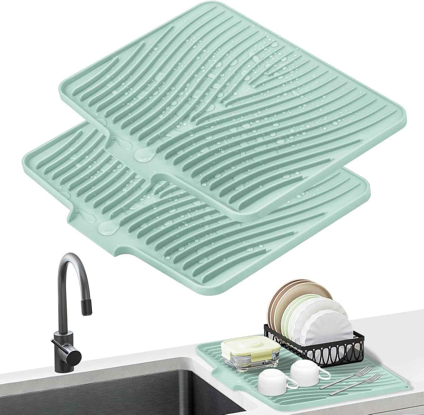 Silicone Dish Drying Mat for Kitchen Counter, Dish Drying Pad, Non-Slip Drain Pad with Built-in Drain, Heat Resistant Stone Drying Mat(15.8" x 13", Grey)