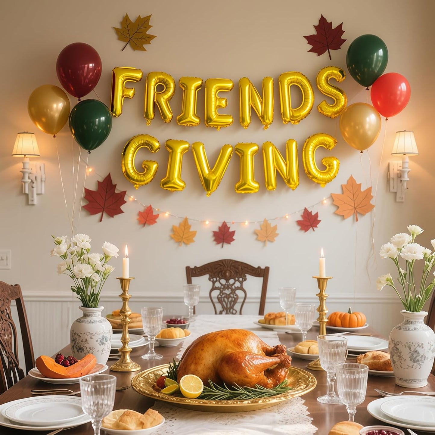 Friendsgiving Decorations – 16 Inch Gold Foil Letter Balloons Banner for Thanksgiving Party Wall Decor or Backdrop
