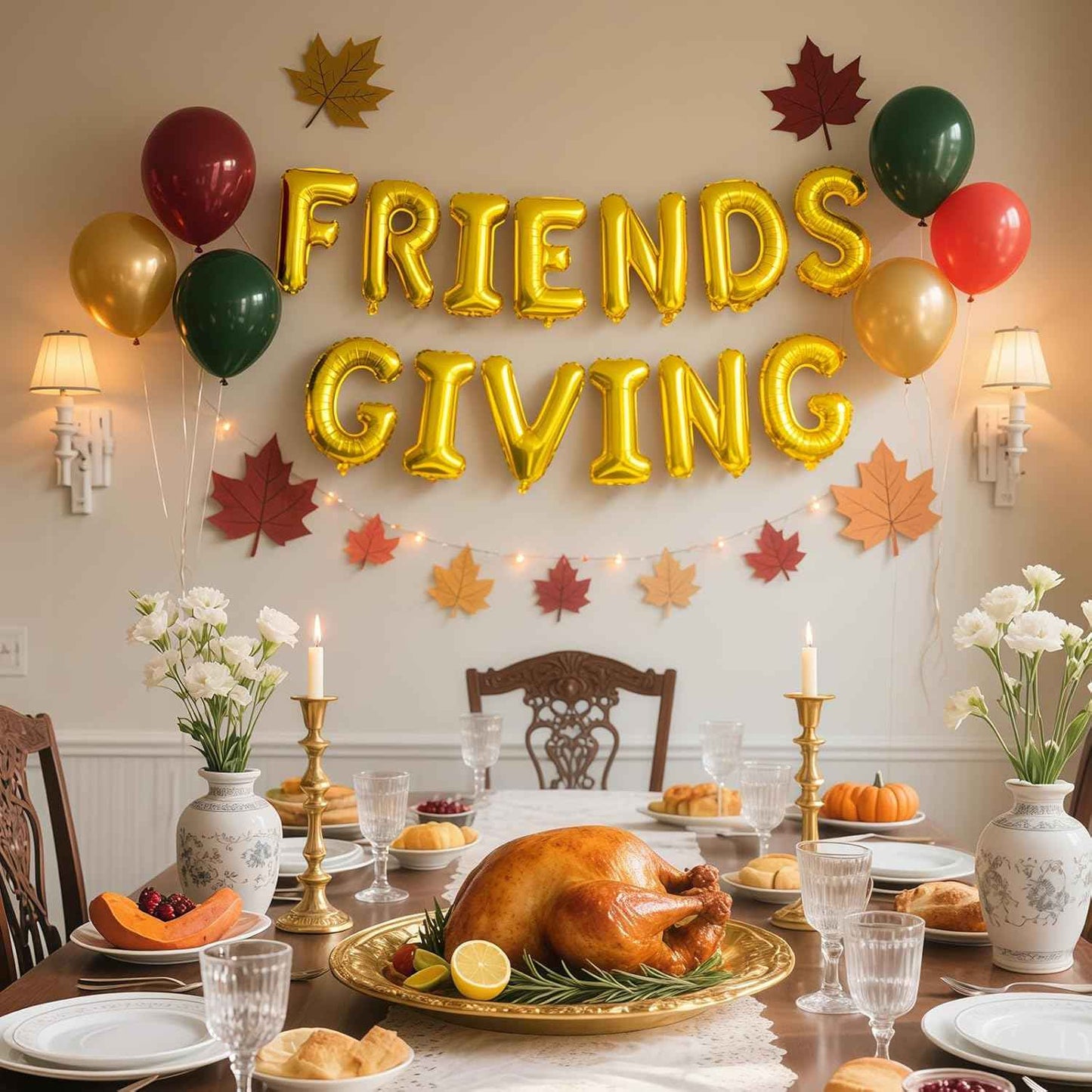 Friendsgiving Decorations – 16 Inch Gold Foil Letter Balloons Banner for Thanksgiving Party Wall Decor or Backdrop