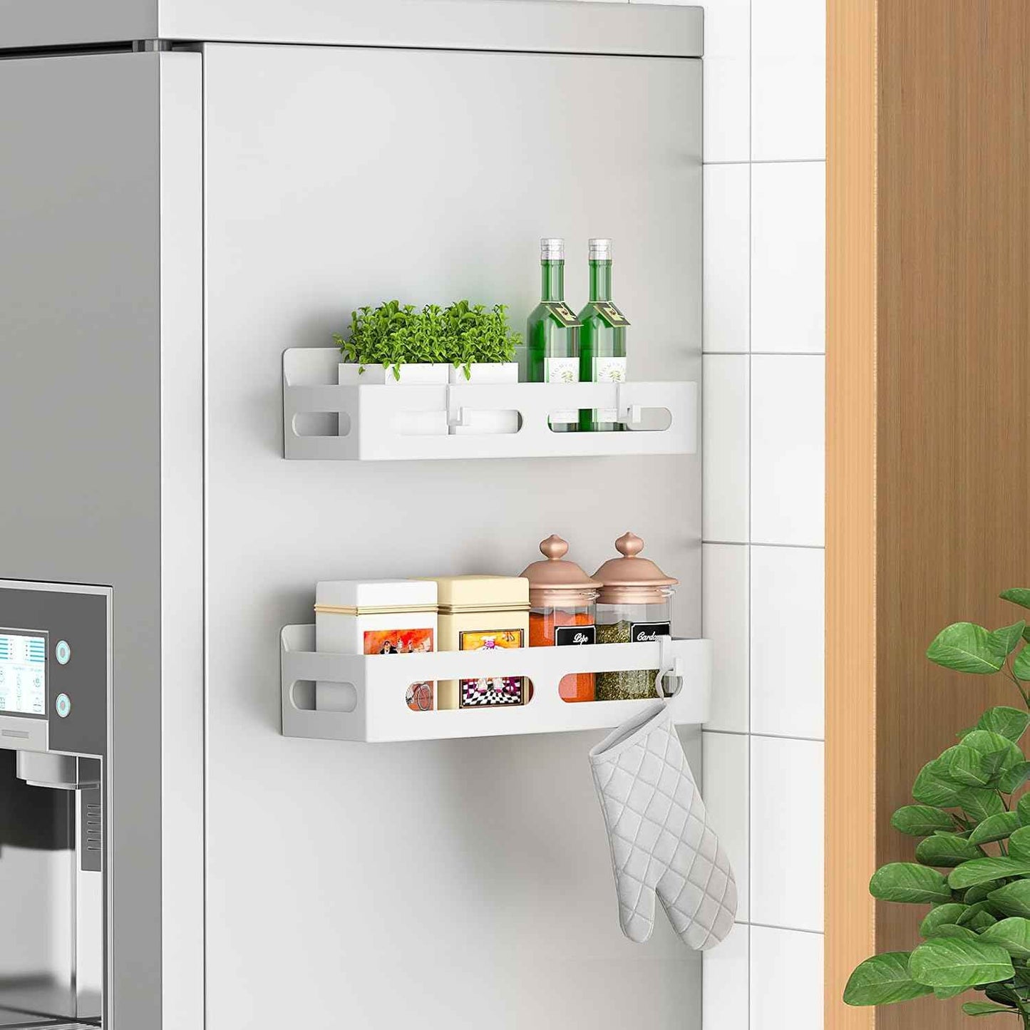 4 Pack Magnetic Spice Rack for Refrigerator, Spice Rack Organizer, Moveable Magnetic Shelf Fridge Organizer with 4 Hooks for Kitchen and Oven Organization, Black