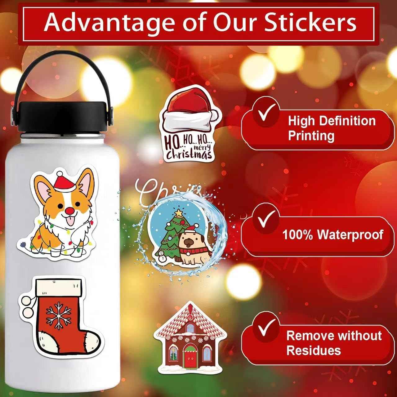 Christmas Stickers, 100PCS Happy Christmas Theme Stickers, Non-Repeating Vinyl Waterproof Holiday Stickers, Holiday Gifts for Kids and Teens, Xmas Party Favorite