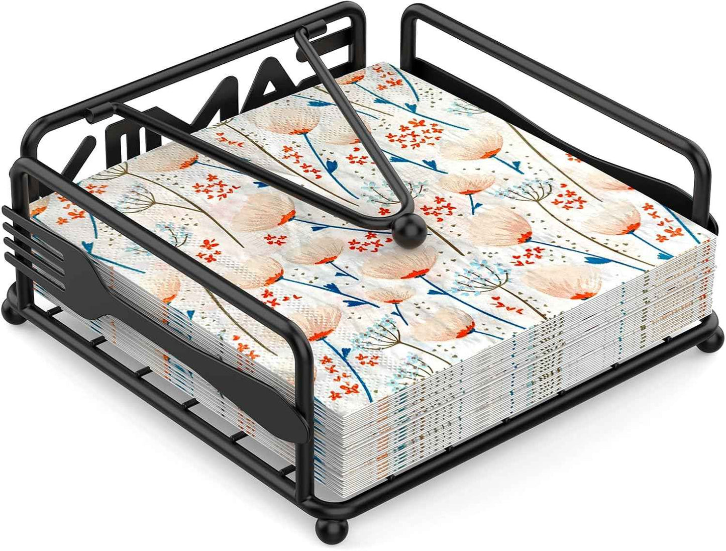 Napkin Holder for Table, Flat Napkin Dispenser with Weighted Arm, Square Cocktail Paper Holder of Elegant Rustic Iron for Kitchen Dining Room Decor Restaurant Farmhouse Hotel Party, Black