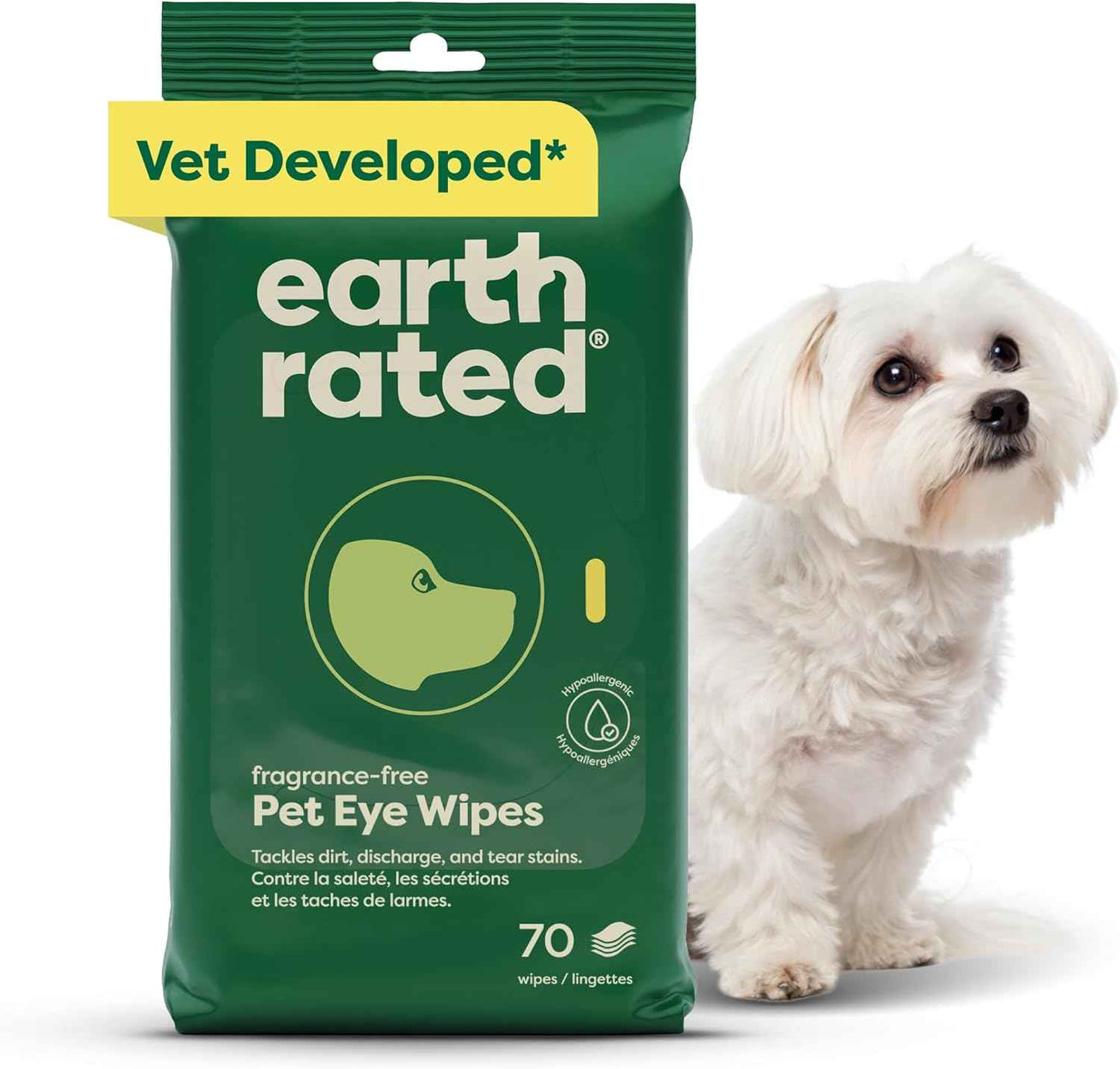 Earth Rated Pet Wipes for Dogs and Cats, Hypoallergenic, Cleaning and Hydrating, for Grooming Paws, Body and Butt, Unscented, 100 Count